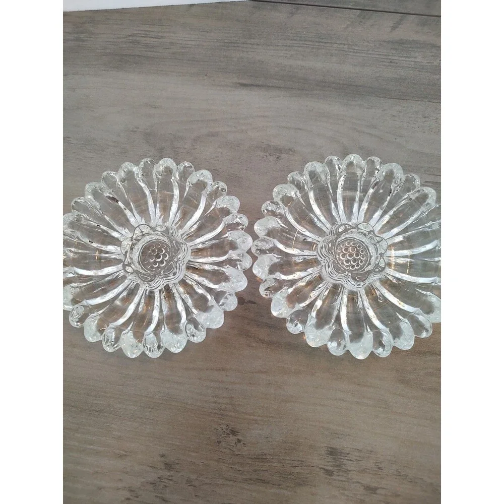 Vintage Hazel Atlas Glass Sunflower/Daisy Candle Holders Set Of 2